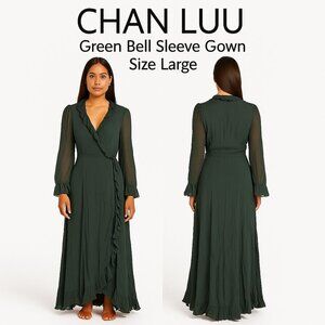 Chan Luu Emerald Green Sheer Long Sleeve Ruffle Wrap Maxi Gown – Size Large